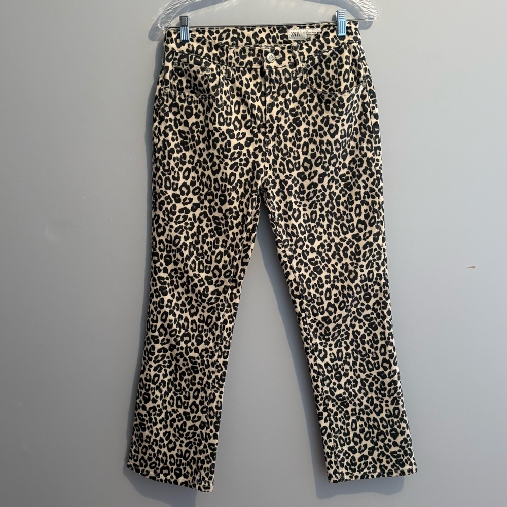 Zara Women's Size 6 Leopard Print Bootcut High Rise Jeans Animal Print Cropped - Picture 4 of 16